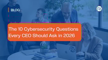 Business leaders discussing cybersecurity strategy in a conference room, overlaid with the text “The 10 Cybersecurity Questions Every CEO Should Ask in 2026” on an orange banner, illustrating CEO-focused cyber risk leadership.