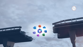 a broken bridge with Microsoft 365 icons floating between it 