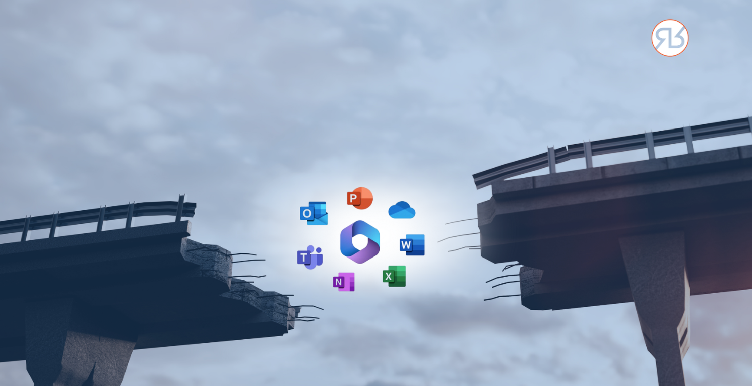 Picture of broken bridge with logos from Microsoft 365 and Azure environment