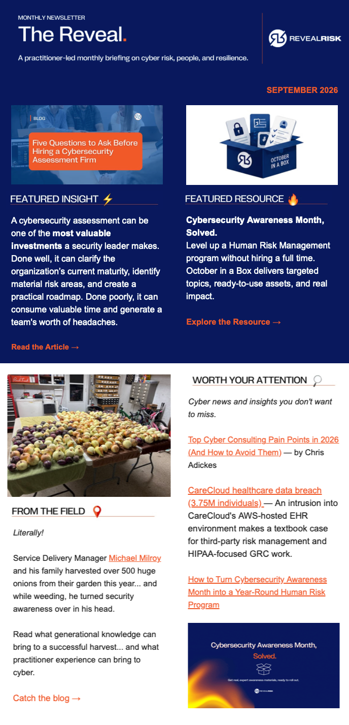 Preview of Reveal Risk's monthly newsletter The Reveal.
